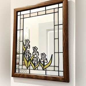 Vintage Liquid Lead Stained Mirror Panel Irises w Green Foliage (01000)